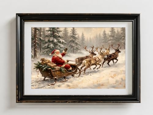 Unframed Vintage Santa Sleigh Wall Art Canvas Print - Christmas Reindeer Scene 14x11 Inches