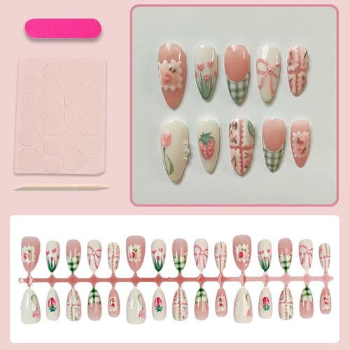 Green Plaid French Tip Press on Nails Medium Almond Fake Nails with Pearls