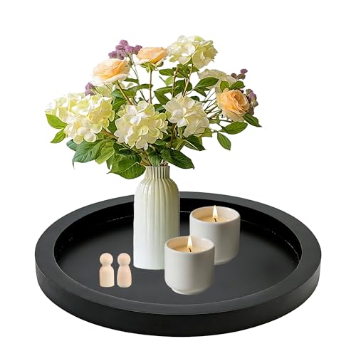 11-Inch Round Decorative Wood Tray - Matte Black Farmhouse Coffee Table Decor