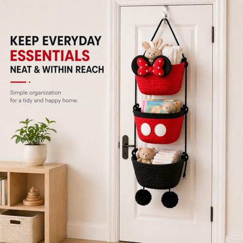 3-Tier Woven Cotton Hanging Basket Organizer with Bow for Nursery & Home