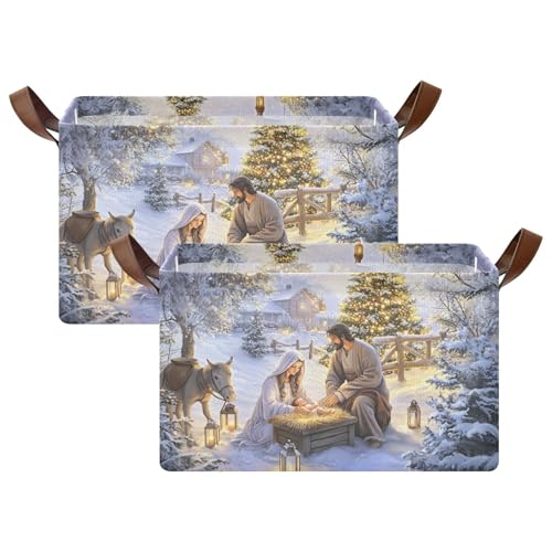 Nativity Scene Religious Christmas Storage Bins with Handles - Medium 2 Pack