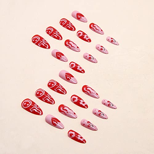 FRUZJAY Red Almond Press on Nails with Cute Flower and Heart Design