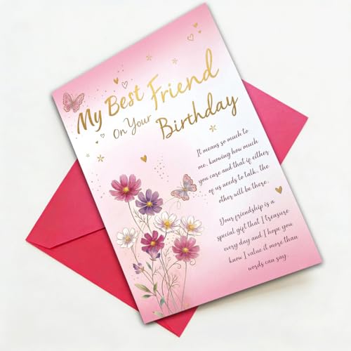 Best Friend Birthday Card with Floral Butterfly Design and Luxury Envelope