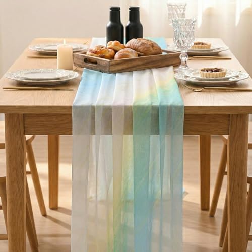 28x120 Inch Blue Boho Gradient Table Runner Chiffon Spring Decor for Kitchen & Dining