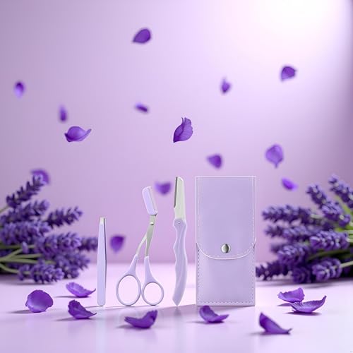3 Pcs Purple Eyebrow Scissor Trimmer Razor with PU Leather Case