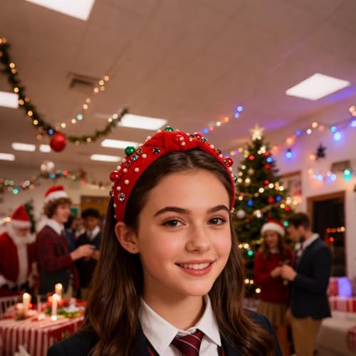 Tisbonsy Christmas Pearl Rhinestone Wide Knot Headband in Red