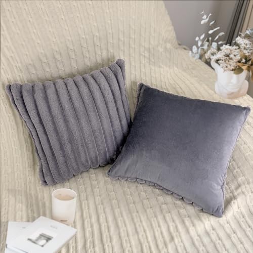 Bunliuys 18x18 Faux Fur & Velvet Throw Pillow Covers, Grey (Set of 2)