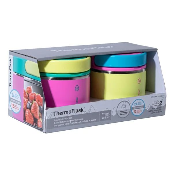 ThermoFlask 20 oz Insulated Food Jar, 2-Pack, Pink and Blue, Hot 12 Hours Cold 24 Hours (Pink and Yellow)