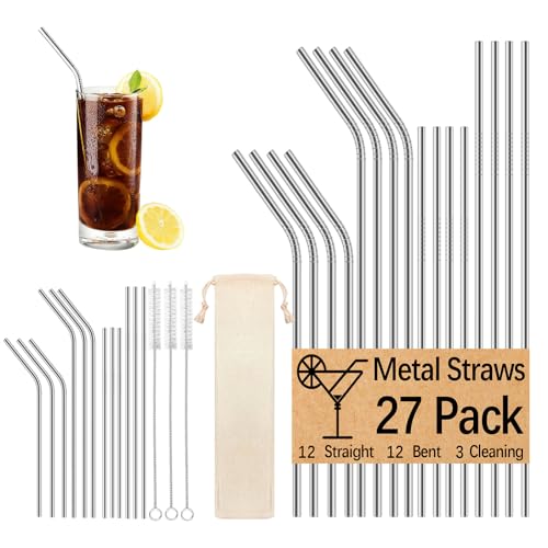 24-Pack Reusable Stainless Steel Metal Straws - Silver, Straight & Bent