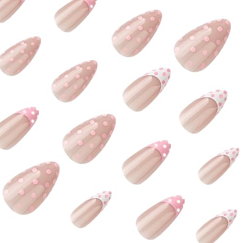 Pink French Polka Dot Press on Nails Medium Almond Fake Nails 24Pcs