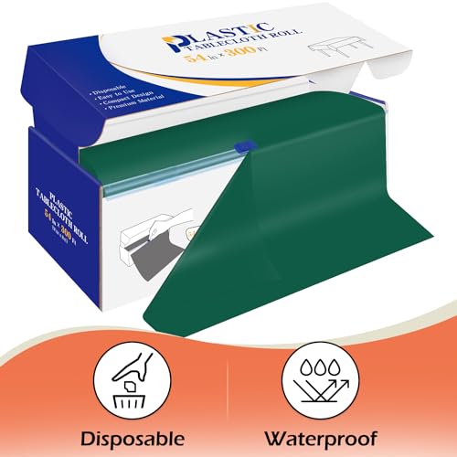 Dark Green Plastic Tablecloth Roll - Disposable 54 in x 300 ft with Slide Cutter