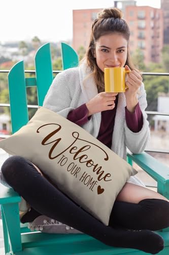 PreLiving Beige 20x12 Inch Farmhouse Welcome Pillow Cover - Rustic Lumbar Cushion Case