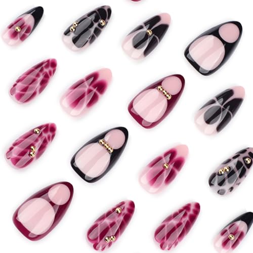 KTAABTR Short Press on Nails Almond Floral Leopard Fake Nails Set 24 Pcs