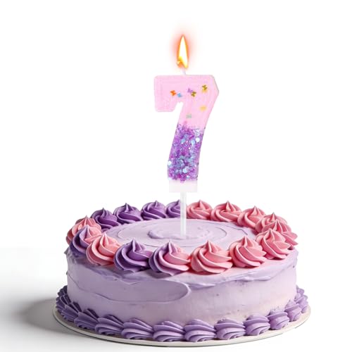 Goktvai Number 7 Birthday Candle Pink and Purple Glitter Cake Topper