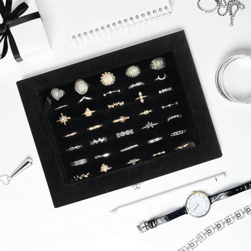 Velvet Jewelry Organizer Box with Glass Lid - 7 Slot Ring and Earring Holder