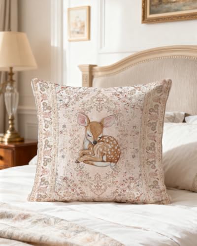Sleeping Fawn Pillow Cover 18x18, Pink Woodland Floral Nursery Decor