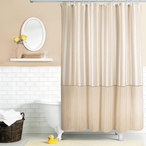 Sunlit Farmhouse Striped Shower Curtain, Beige Faux Linen, 72" x 72"