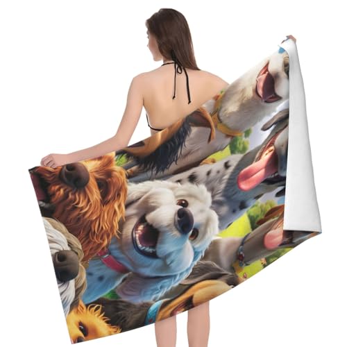 Funny Selfie Dogs Beach Towel, Lightweight Microfiber Pool Towel 52" x 32"
