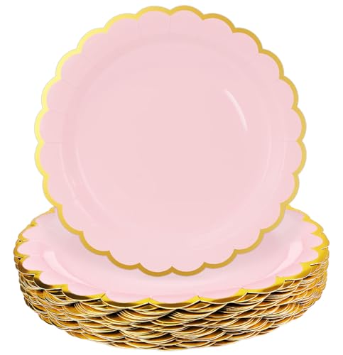 50 Light Pink Scalloped Paper Plates with Gold Foil - 7 Inch Disposable Dinner Plates for Parties