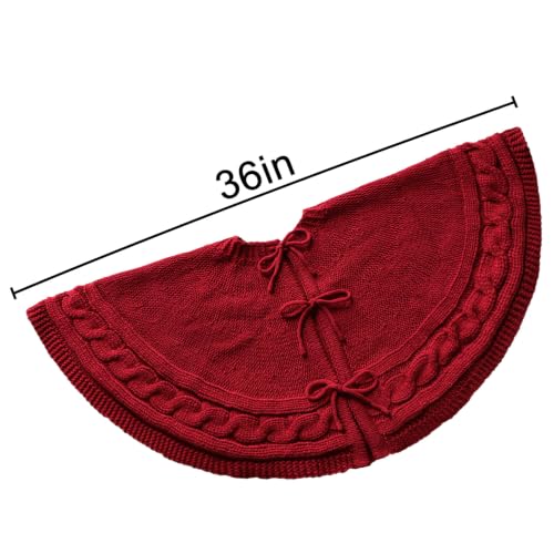 Knit Christmas Tree Skirt - Burgundy Cable Knit Rustic Holiday Decor 36 Inch