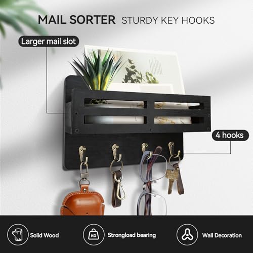 KISENG Rustic Wall-Mounted Key and Mail Holder, 10.2-Inch Black Key Rack