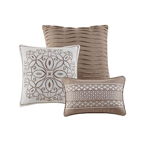 Madison Park Carina Cozy Comforter Set Luxe Jacquard Medallion Design with Embroidery and Pleated Details, All Season Bedding with Matching Shams, Decorative Pillow, Queen, Taupe 7 Piece