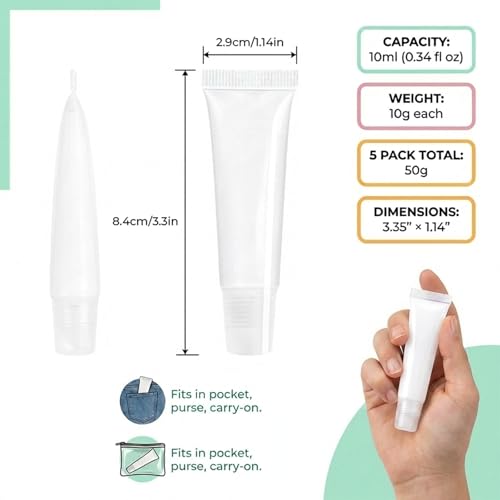 Chedin Empty Lip Gloss Tubes 10ml - Refillable Squeeze Containers 5 Pack