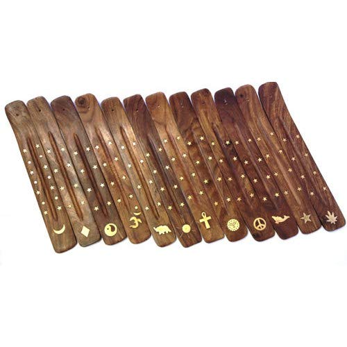 Handmade Wooden Incense Holder with Brass Inlays - 10" Long