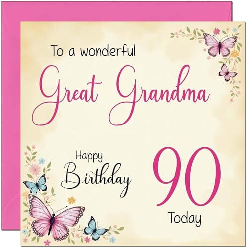 90th Birthday Card for Great Grandma - Floral Butterfly Design