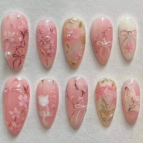 Pink Flower Press on Nails Medium Almond Fake Nails with Bow and Pearls