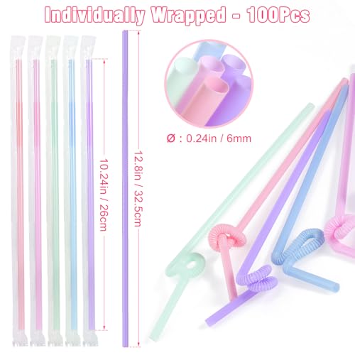 Disposable Bendy Drinking Straws - 100 Pack, 10.24" Long, Colorful & Flexible