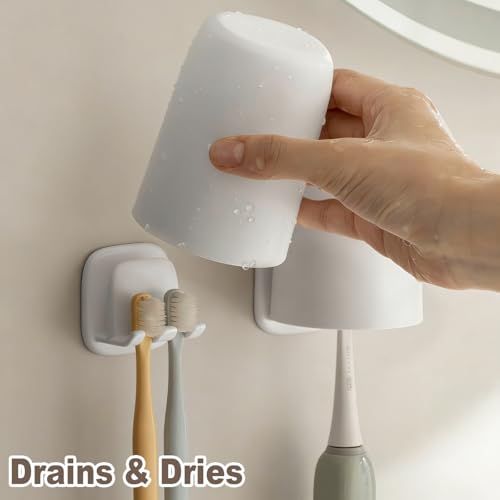 Wall Mounted Toothbrush Holder with Cup Hook - Adhesive Bathroom Organizer