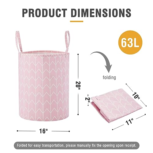 TECHMILLY Baby Laundry Basket with Long Handles - Pink Geometric Nursery Hamper, 1 Pack