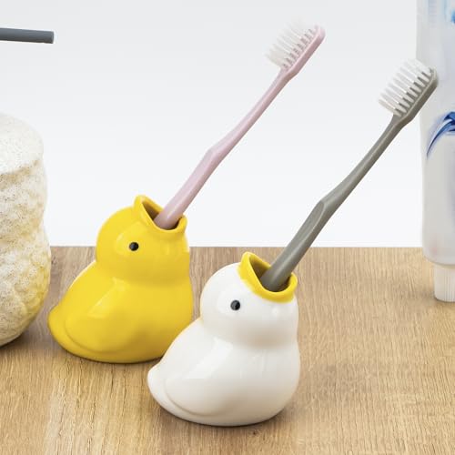 Ceramic Duck Toothbrush Holder Set - Cute Vanity Organizer (Yellow & White)