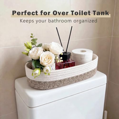 Woven Toilet Paper Basket - Cotton Rope Over Tank Organizer, White & Brown
