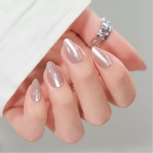 Cat Eye Press On Nails Almond Medium Pink Mermaid Reusable False Nails