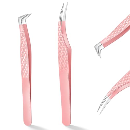Yuomeaz Pink Eyelash Extension Tweezers Set, 2-Piece Zinc Alloy Precision Lash Tweezers for Classic and Volume Lashes