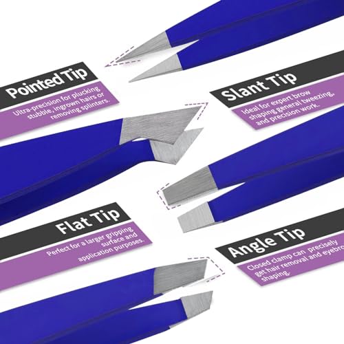 PromaxCare Professional Stainless Steel Tweezers Set - 4-Piece Navy Blue