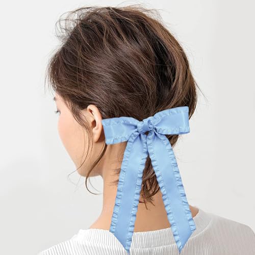 Light Blue Satin Hair Bows 2-Pack, 5.5 Inch Large Ribbon Clips