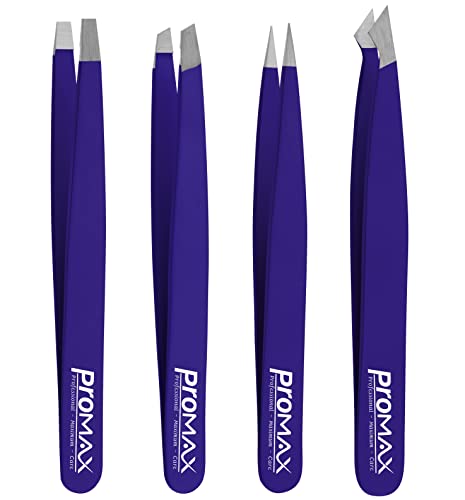 PromaxCare Professional Stainless Steel Tweezers Set - 4-Piece Navy Blue