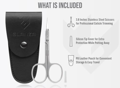 GLANZA Precision Cuticle Scissors - Extra Sharp Curved Stainless Steel Manicure Trimmer with Leather Case