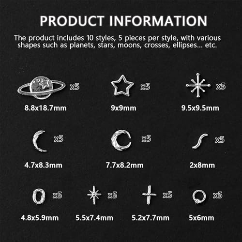 50pcs 3D Metal Punk Nail Art Studs Silver Alloy Star Planet Charms
