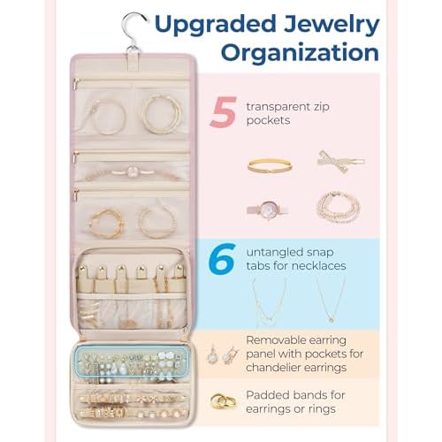 BAGSMART Travel Jewelry Case Organizer, Large Capacity Foldable Jewelry Roll for Journey - Rings, Necklaces, Earrings, Bracelets, Fashion Black