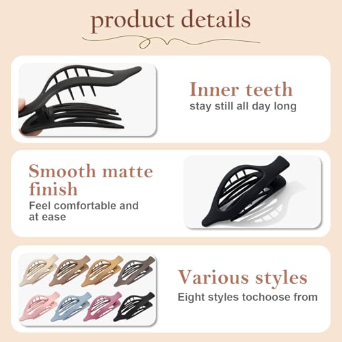 ANEESAA 8 Pack French Flat Hair Claw Clips for Women - Matte No Slip Large Hair Barrettes for Thick & Thin Hair