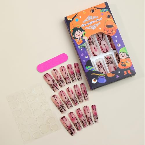 GCSQW Halloween Long Square Press On Nails Matte Blood Drop & Spider Web Fake Nails