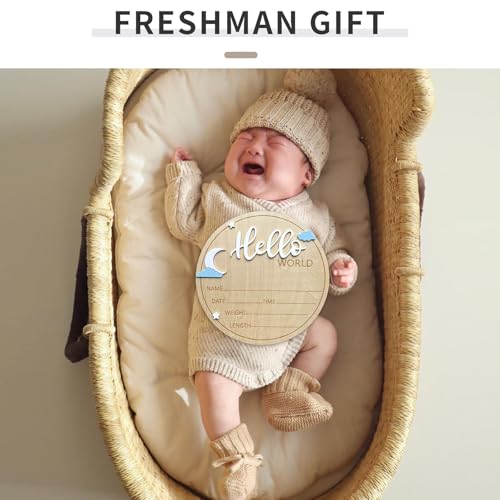 Hello World Baby Announcement Sign - 5.9 Inch Wooden Decor