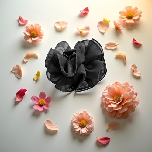 Black Large Chiffon Hair Bow Claw Clip with Rose Fabric Ribbon