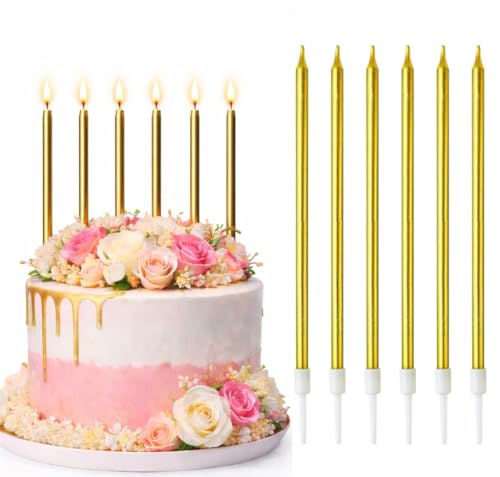 Gold Birthday Candles - Pack of 12 Long Thin Cake Candles