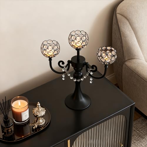 Black 3-Arm Metal Candelabra with Crystal Bowls - Elegant Table Centerpiece