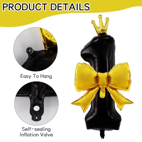 40 Inch Black Crown Number Balloon with Gold Bow for Birthday Decor